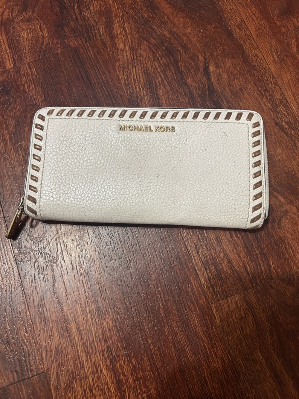 Michael Kors Cream Zip-Around Pebbled Leather Wallet with Gold Logo